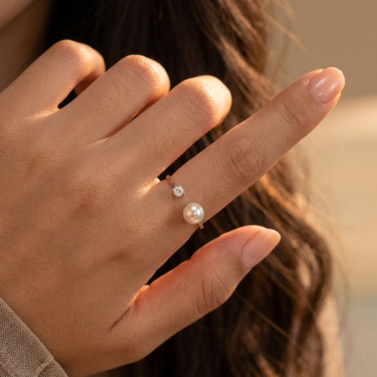Anillo Abierto Perla Natural con Zirconias
