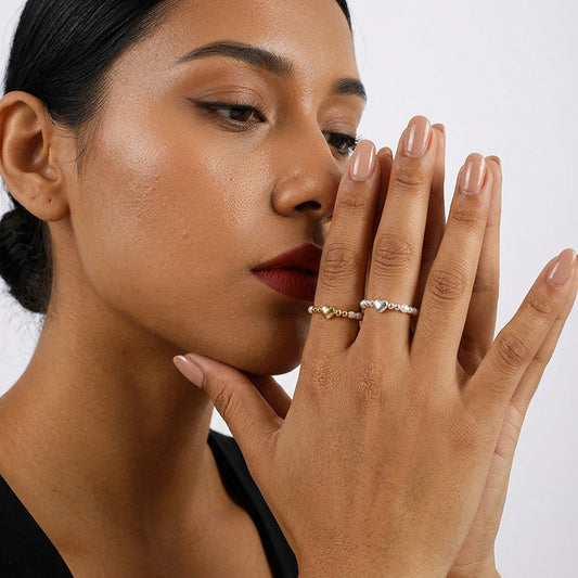 Anillo Elástico de Bolitas con Perla y Corazón