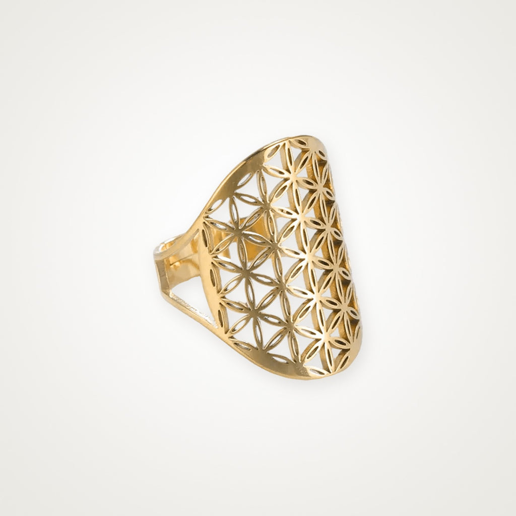 Anillo Flor de la vida escudo dorado