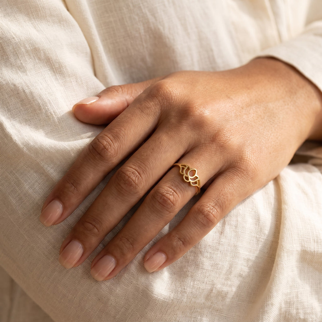 Anillo Loto de perfil dorado puesto
