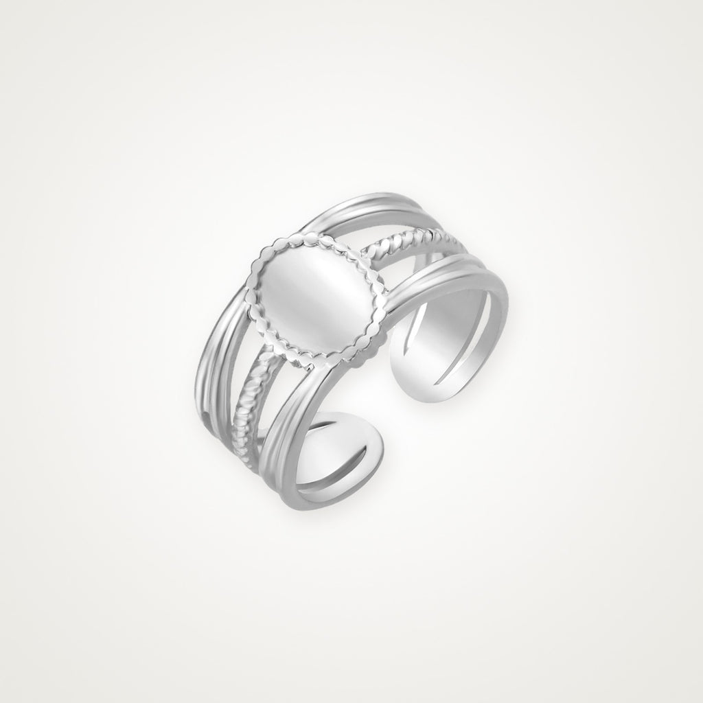 Anillo Medalla y líneas plateado