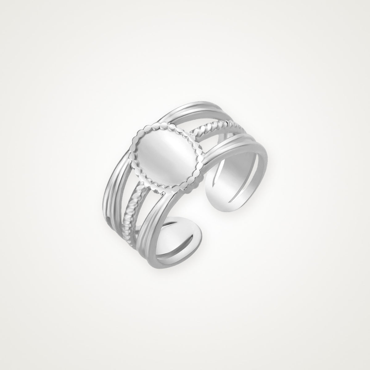 Anillo Medalla y líneas plateado
