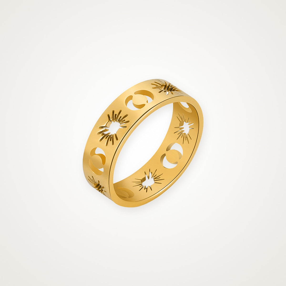 Anillo Sol y luna calados dorado