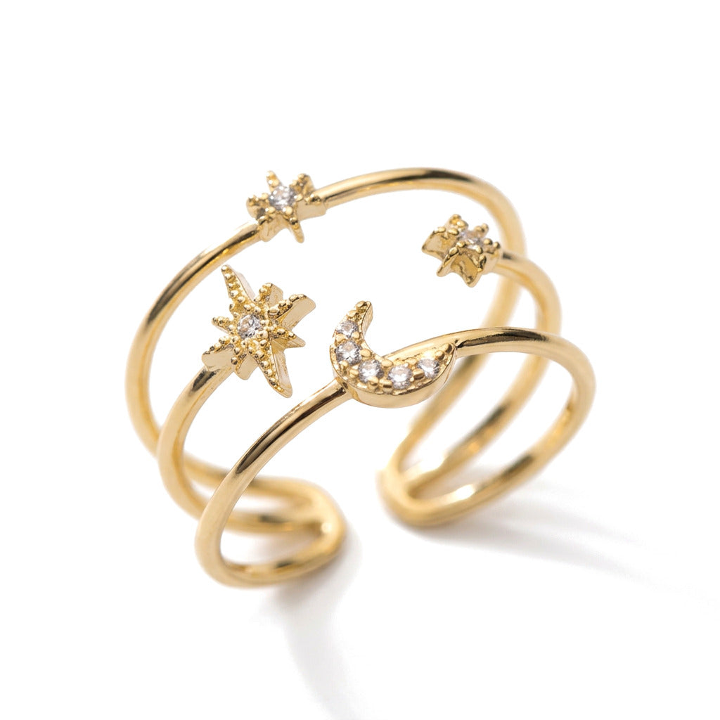Anillo Triple Luna y Estrella con Zirconias