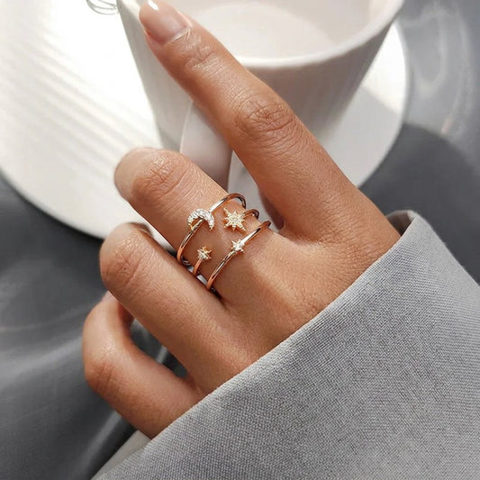 Anillo Triple Luna y Estrella con Zirconias