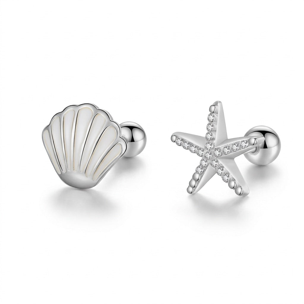 Aretes Asimétricos Estrella de Mar y Concha con Rosca