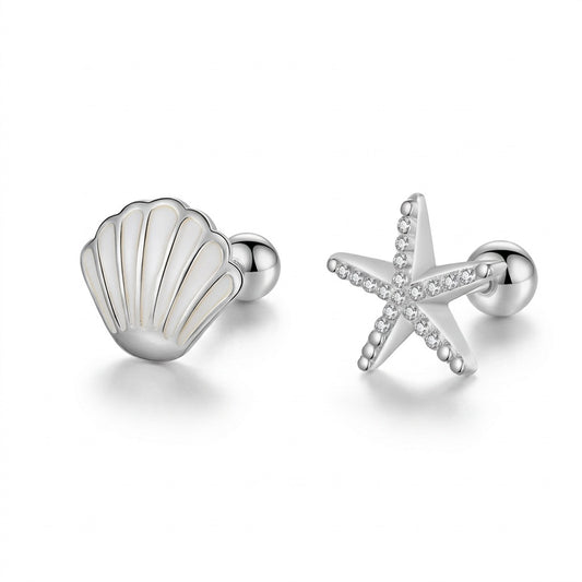 Aretes Asimétricos Estrella de Mar y Concha con Rosca
