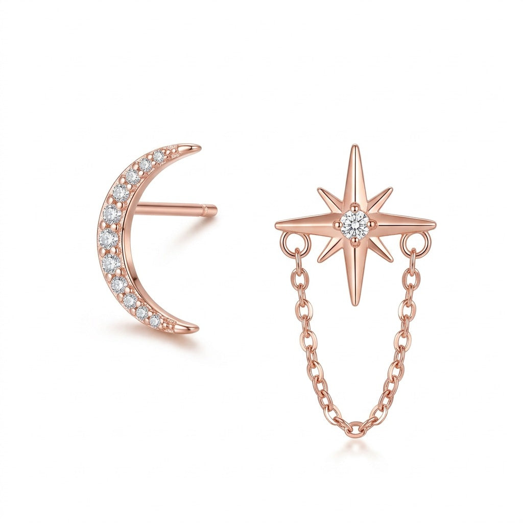 Aretes Asimétricos Luna y Estrella con Cadena