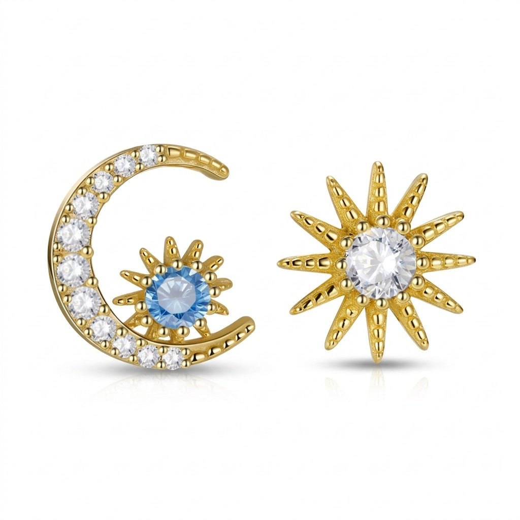 Aretes Asimétricos Luna y Estrella con Zirconias