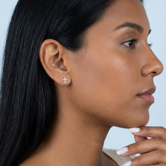 Aretes Cruz con Zirconias Redondas