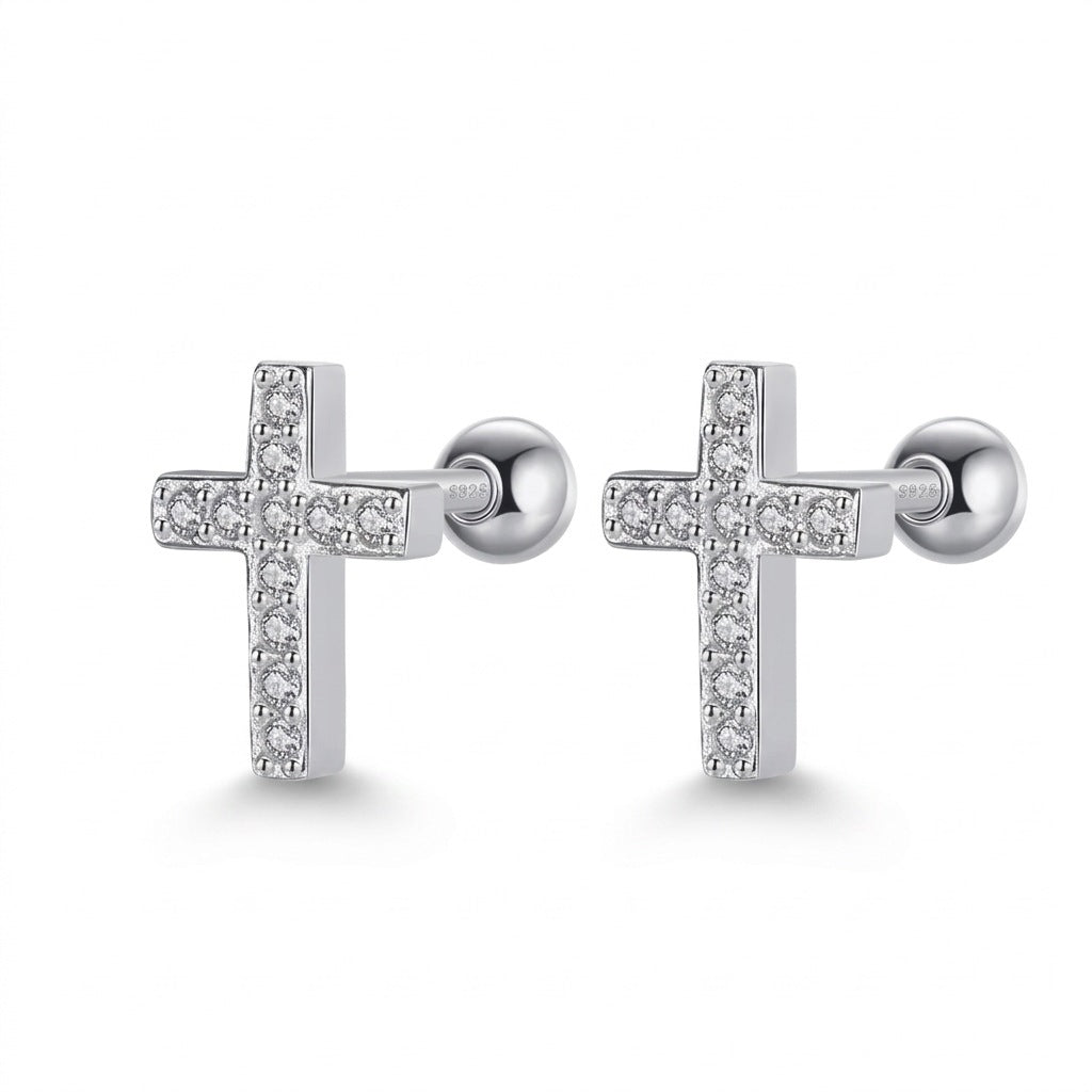 Aretes Cruz con Zirconias y Cierre de Rosca