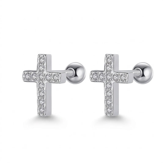 Aretes Cruz con Zirconias y Cierre de Rosca