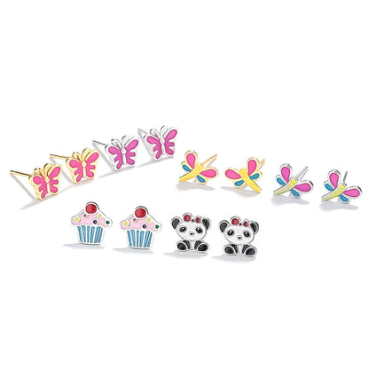 Aretes Esmaltados Pastelito, Panda y Libélula