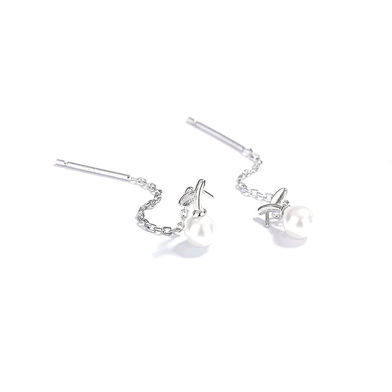 Aretes Largos Hoja y Perla con Borla