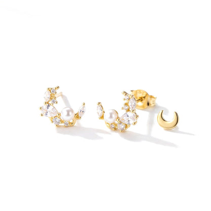 Aretes Luna con Perla Sintética y Zirconia