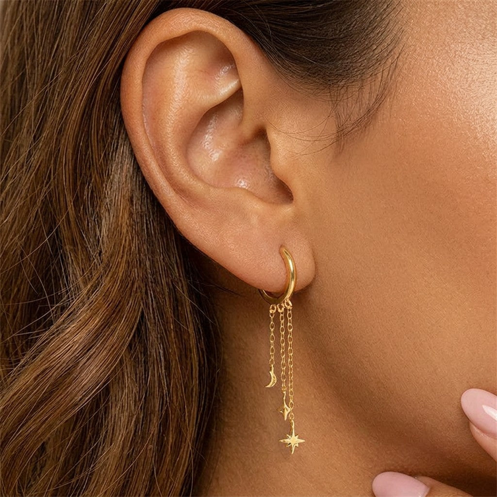 Aretes Luna y Estrella con Flecos Brillantes