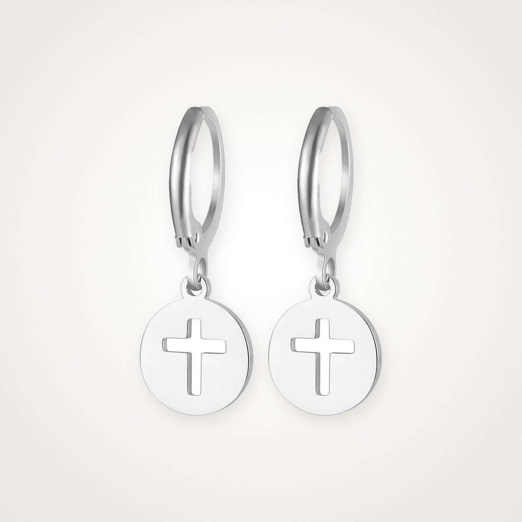 Aretes Medalla de cruz plateados