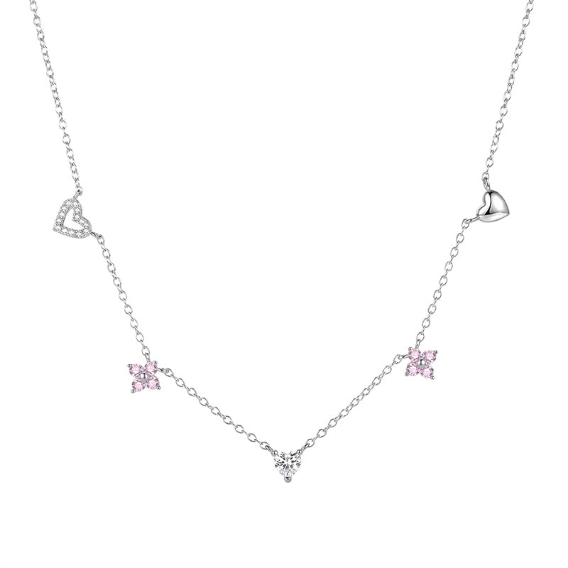 Collar Corazón y Flor con Zirconias Rosas