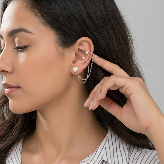 Ear cuff Doble Cadena con Perla