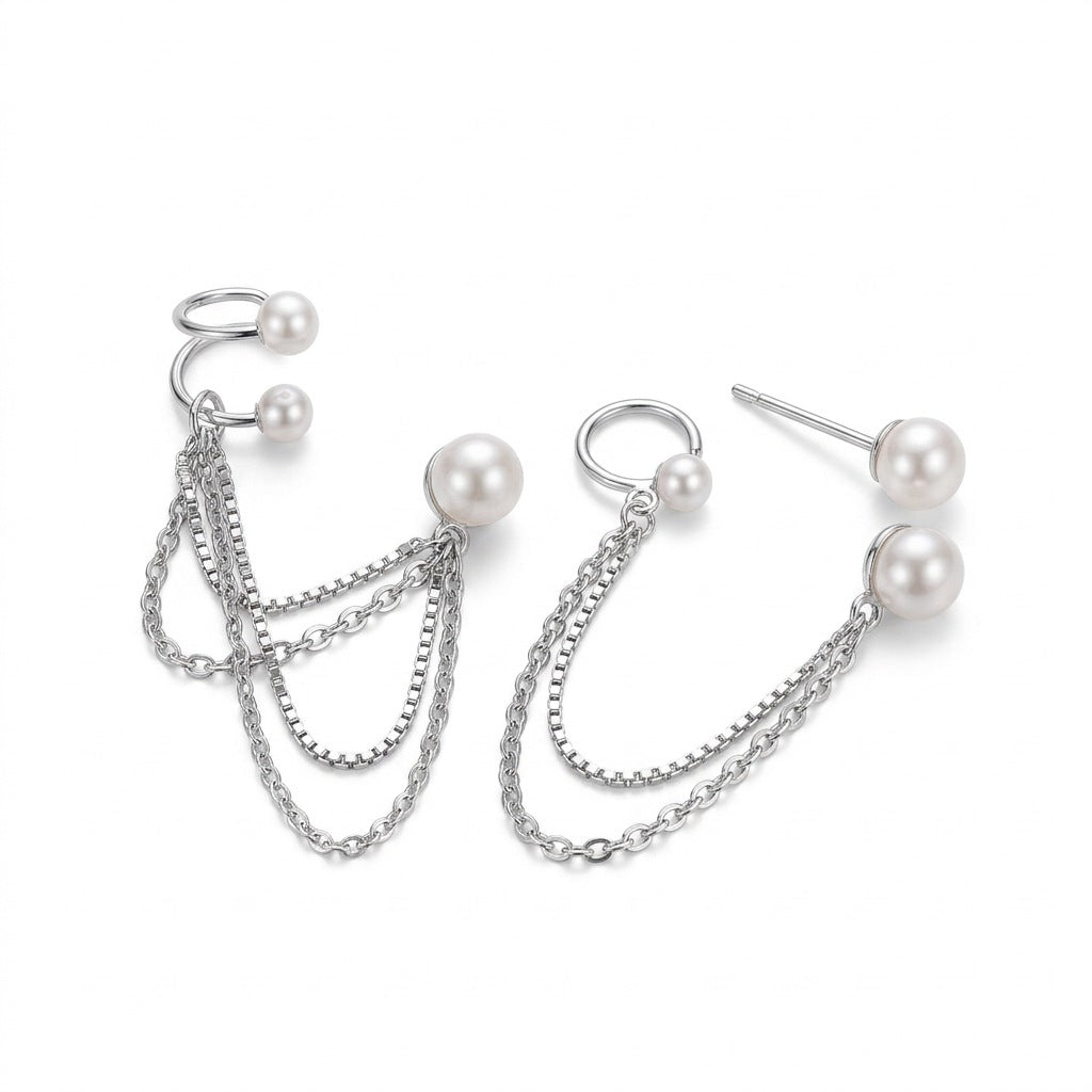 Ear cuff Doble Cadena con Perla