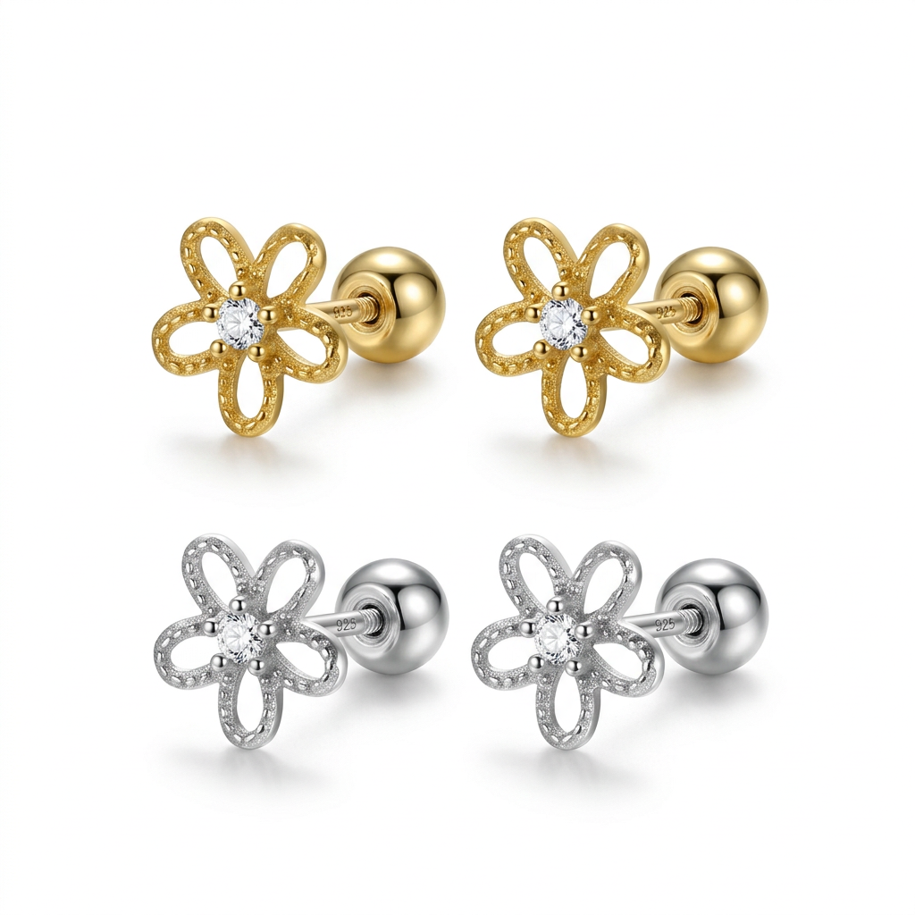 Aretes Flor con Zirconias y Cierre de Rosca