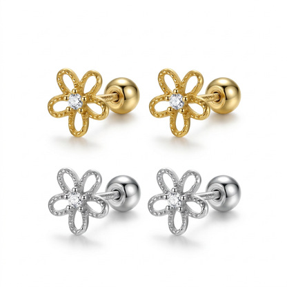 Aretes Flor con Zirconias y Cierre de Rosca