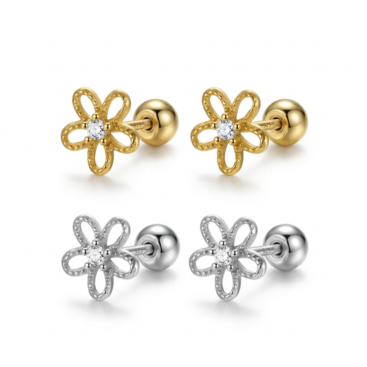 Aretes Flor con Zirconias y Cierre de Rosca