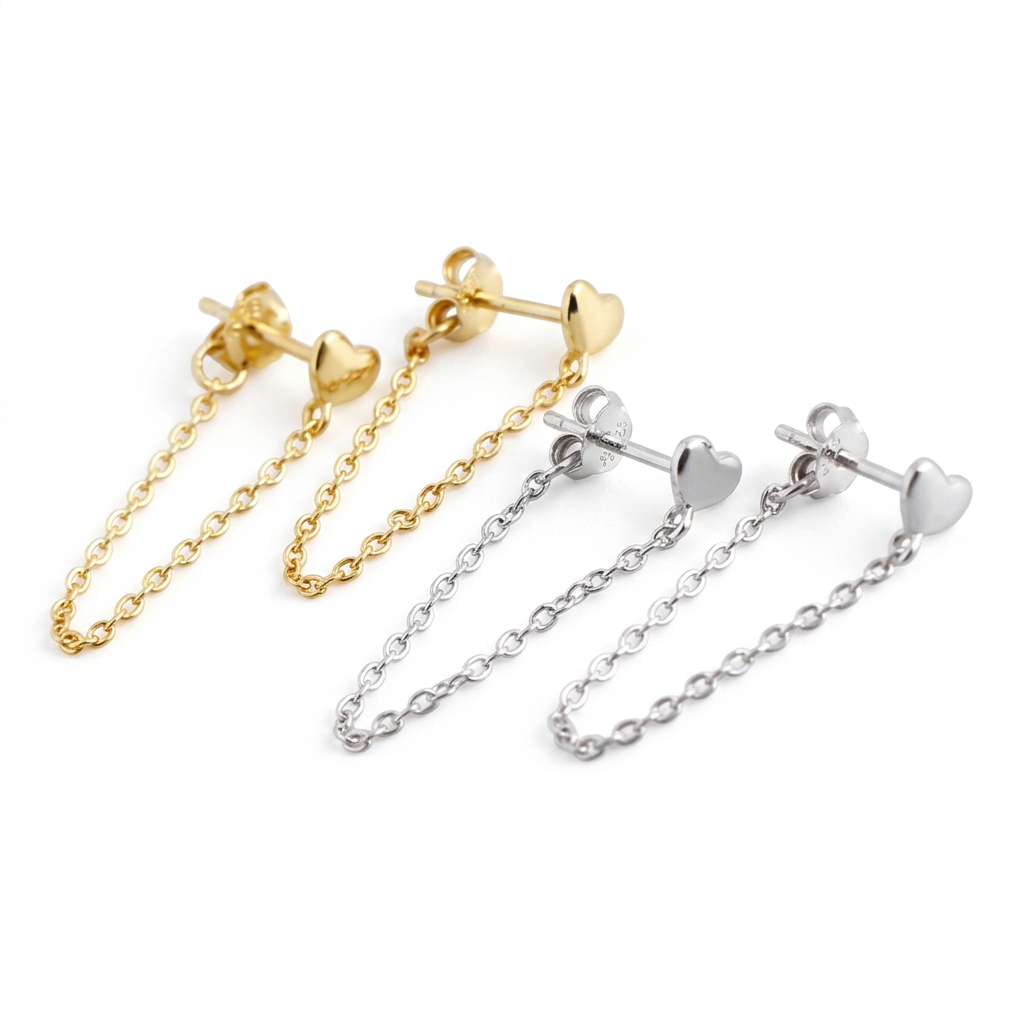Aretes Corazón con Cadena Colgante