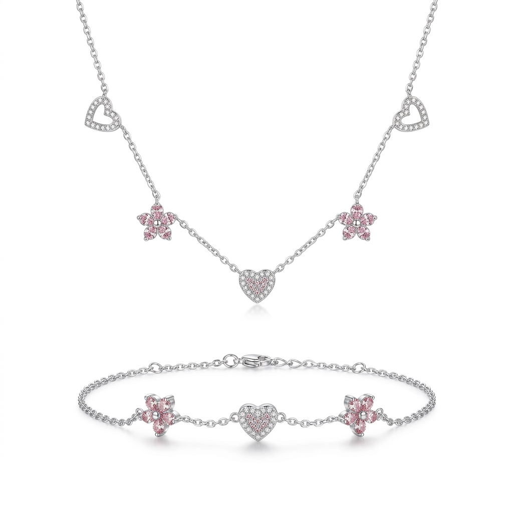 Collar Corazón y Flor con Zirconias Rosas