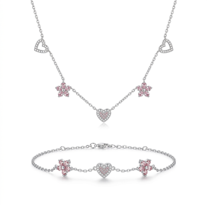 Collar Corazón y Flor con Zirconias Rosas
