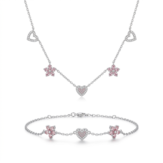 Collar Corazón y Flor con Zirconias Rosas
