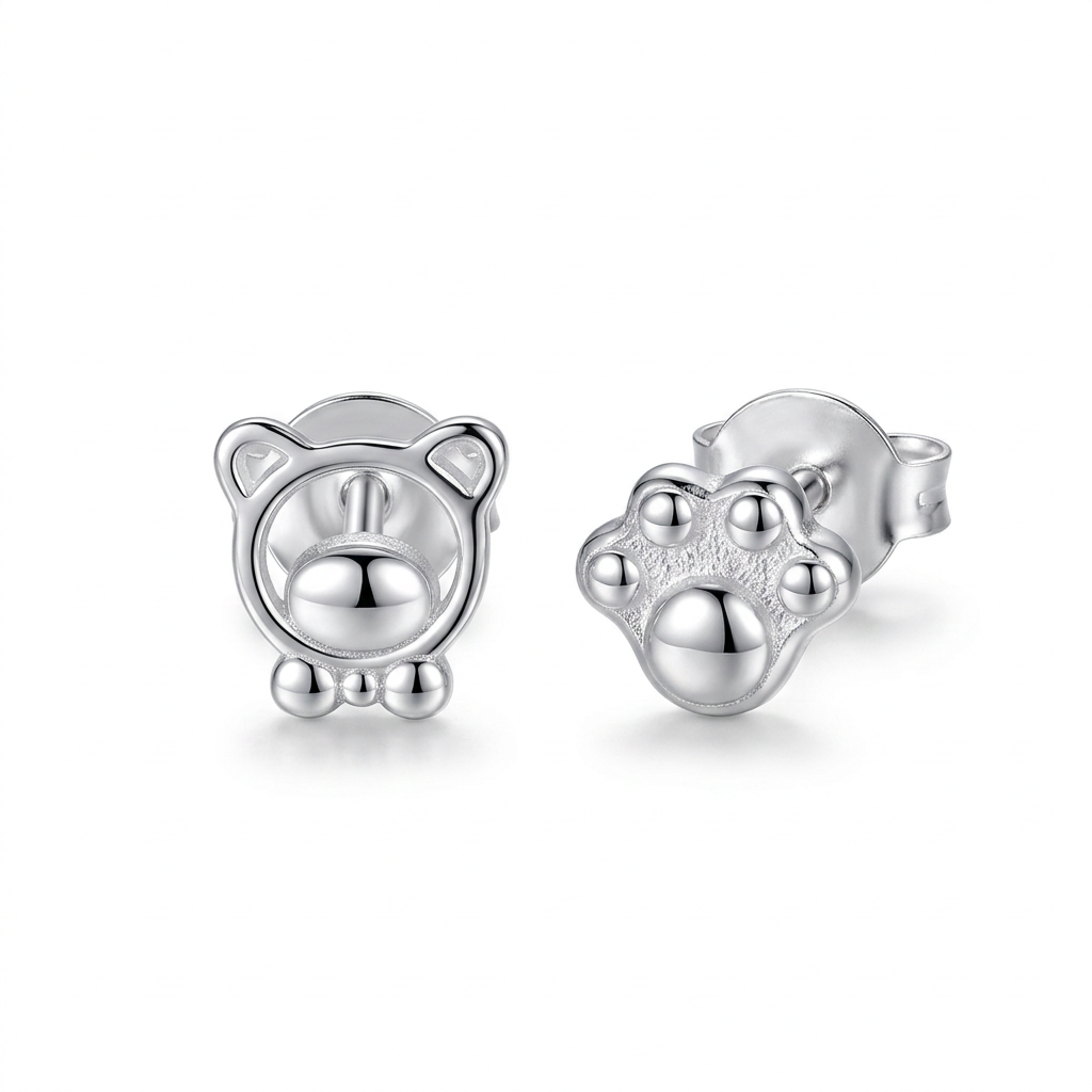 Aretes Huellita de Oso en Plateado u Oro Blanco