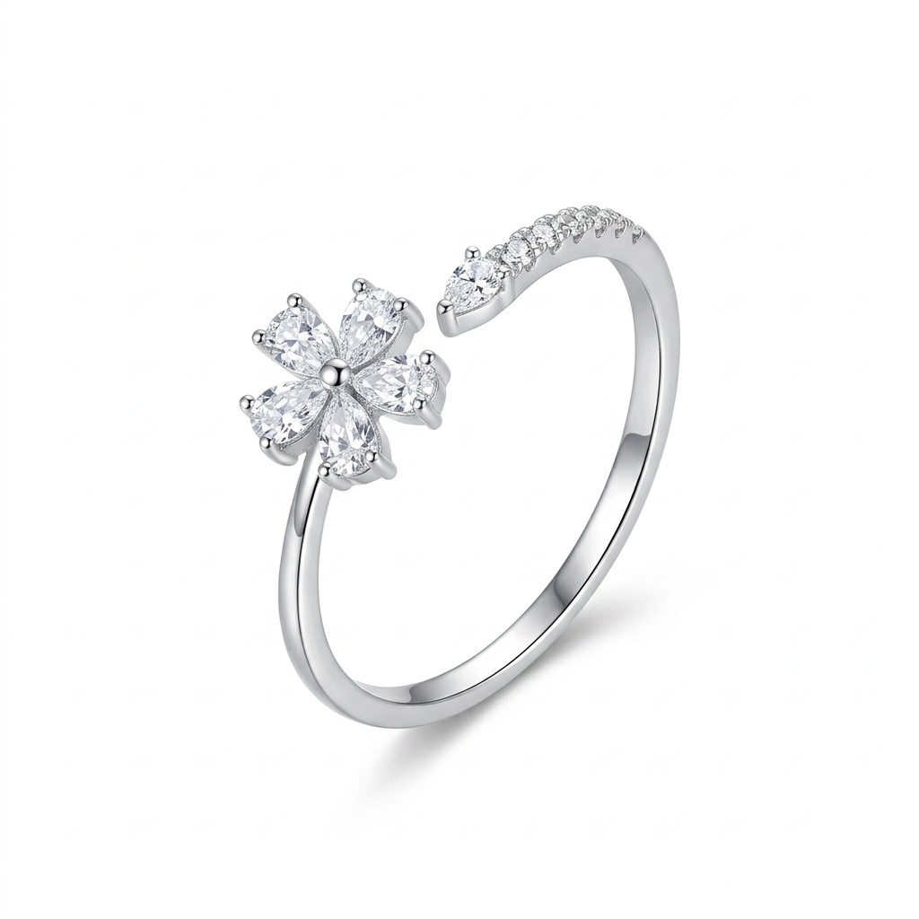 Anillo Abierto Flor con Zirconia en Gota