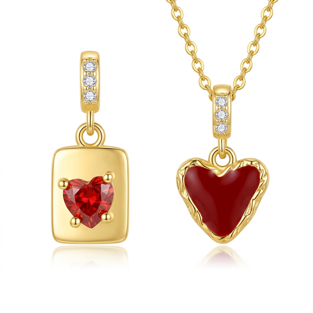 Dije Corazón Rojo y Moño con Zirconias Rosas