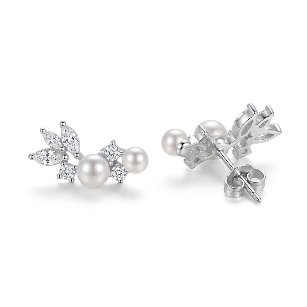 Aretes Hoja con Perla en Plateado o Dorado