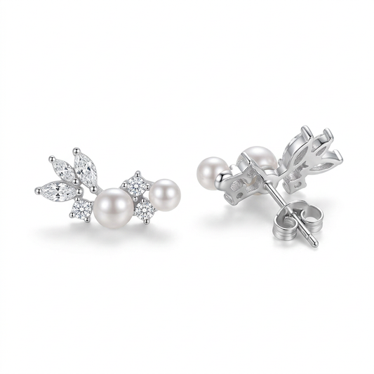 Aretes Hoja con Perla en Plateado o Dorado