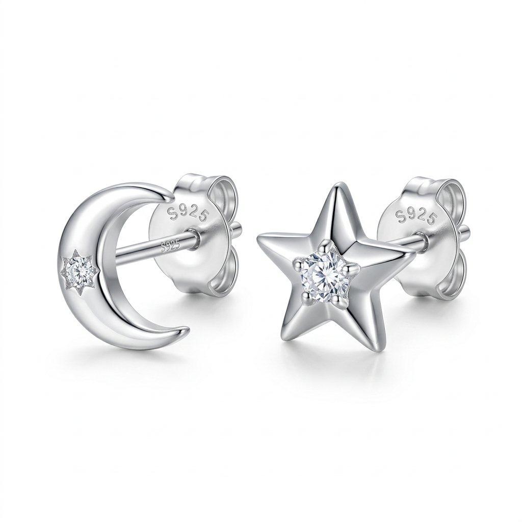 Aretes Estrella y Luna con Zirconia Redonda