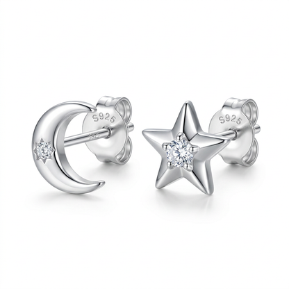 Aretes Estrella y Luna con Zirconia Redonda