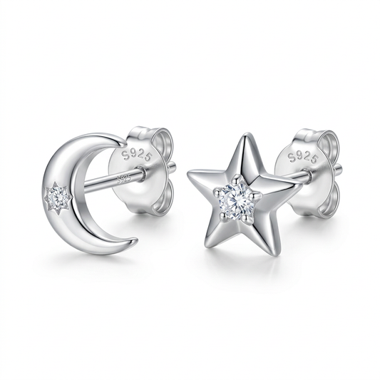 Aretes Estrella y Luna con Zirconia Redonda
