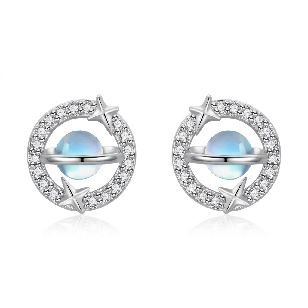 Aretes Planeta con Piedra Luna y Zirconias