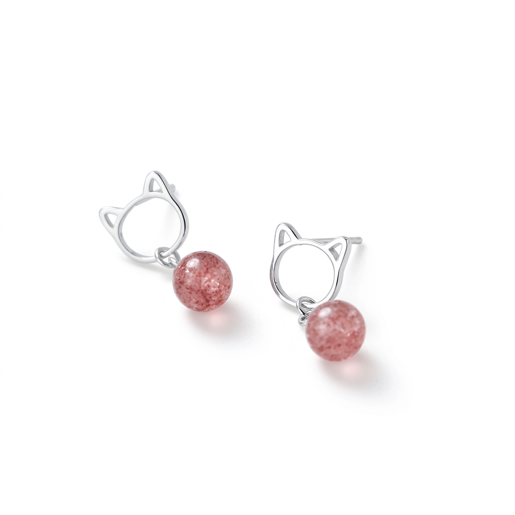 Aretes Gatito y Fresa de Cristal Rosa
