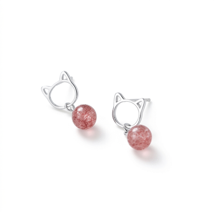 Aretes Gatito y Fresa de Cristal Rosa