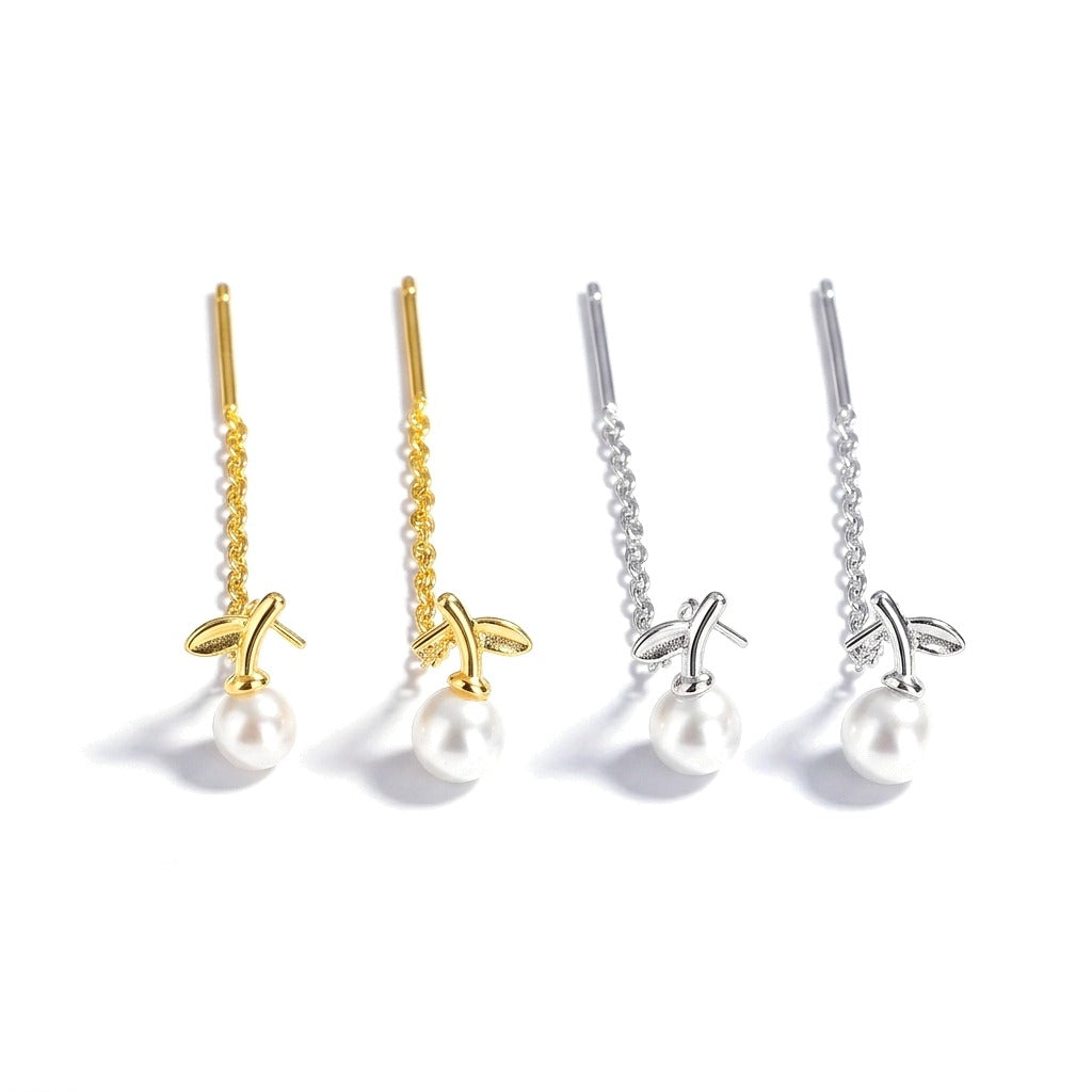 Aretes Largos Hoja y Perla con Borla