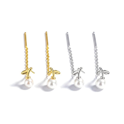 Aretes Largos Hoja y Perla con Borla