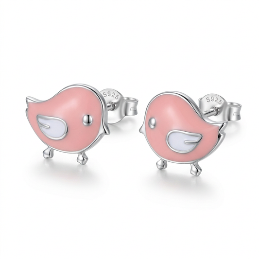 Aretes Pajaritos Rosas Esmaltados