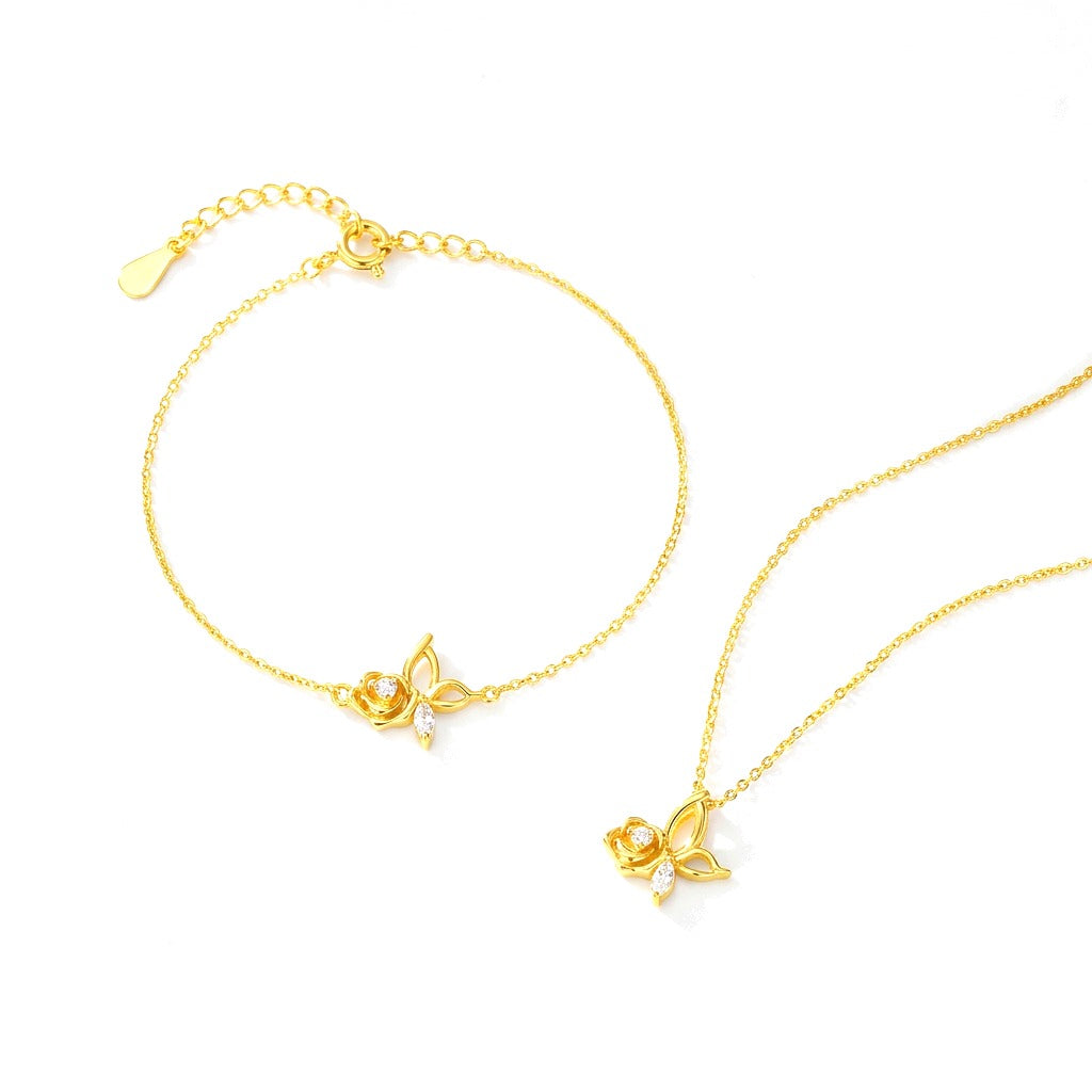 Collar o Pulsera Rosa y Mariposa con Zirconias