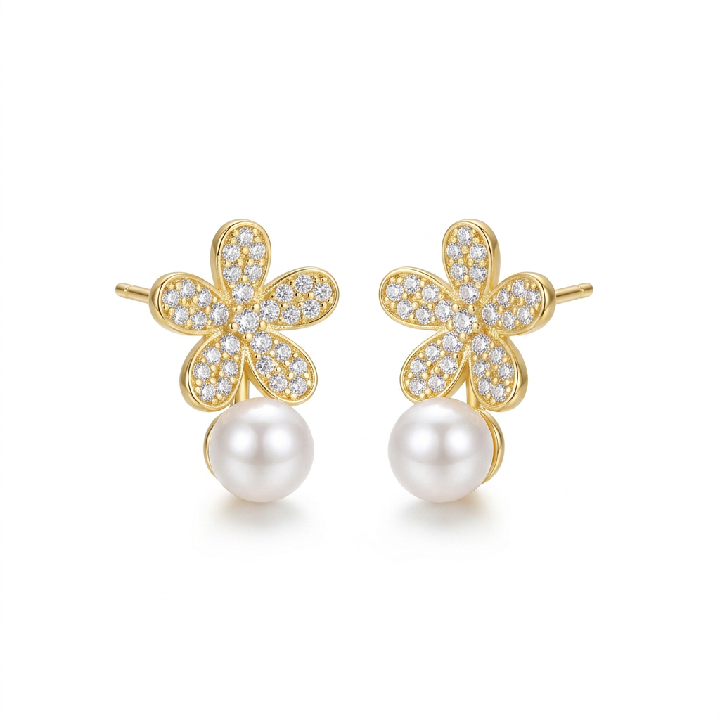 Aretes Flor con Perla y Zirconias