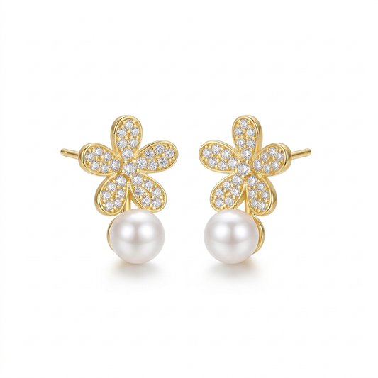 Aretes Flor con Perla y Zirconias