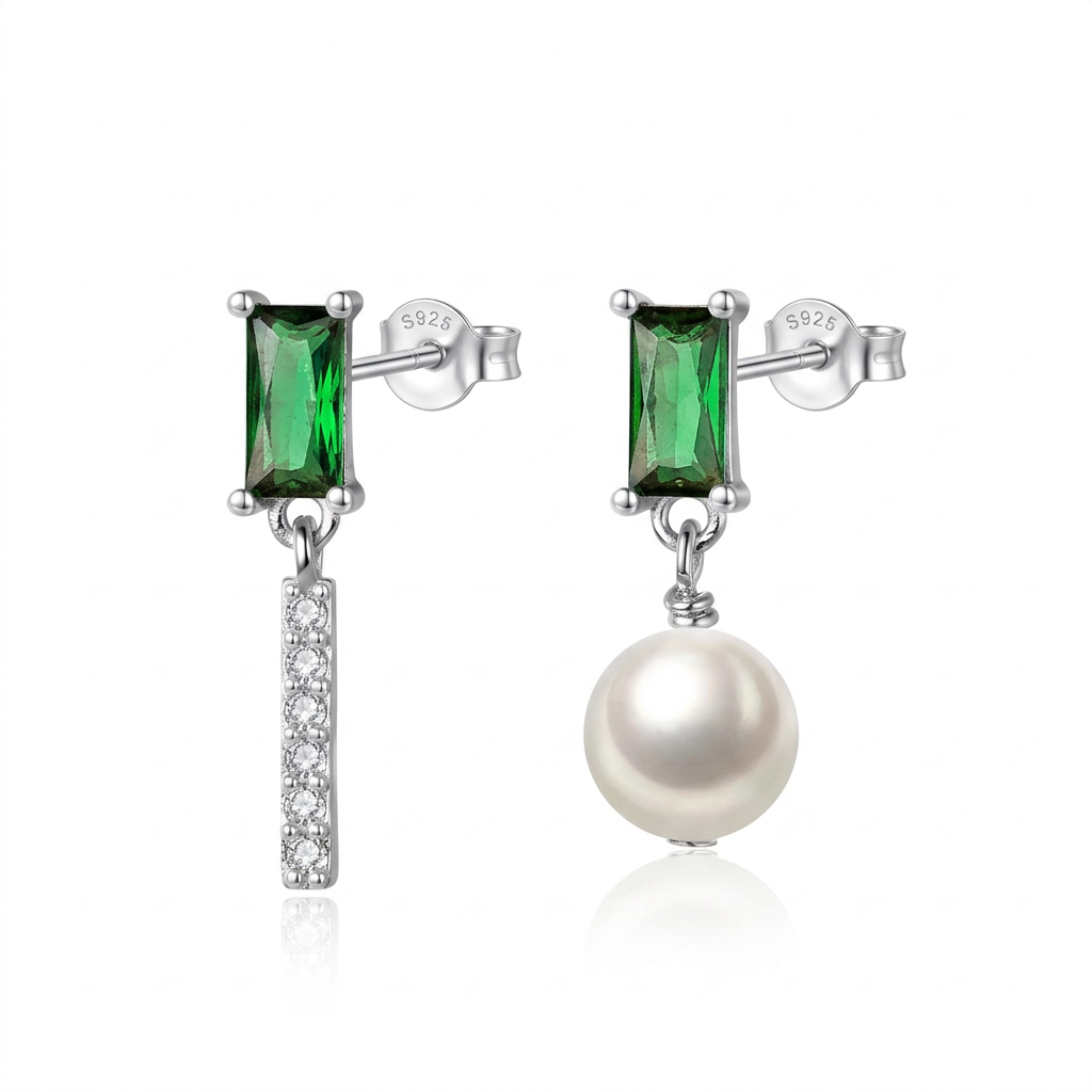 Aretes Asimétricos Perla y Zirconia Verde