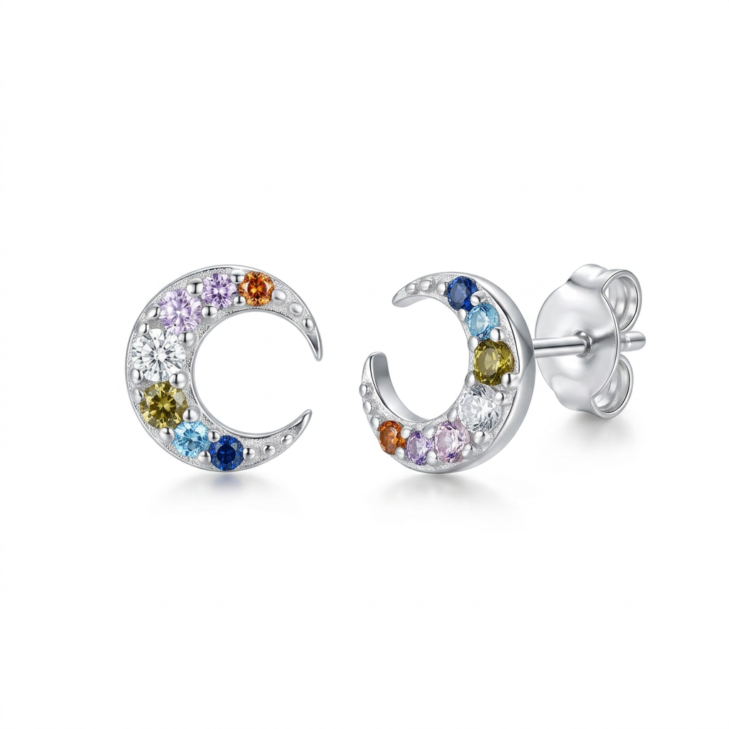 Aretes Mini Luna con Zirconias de Color